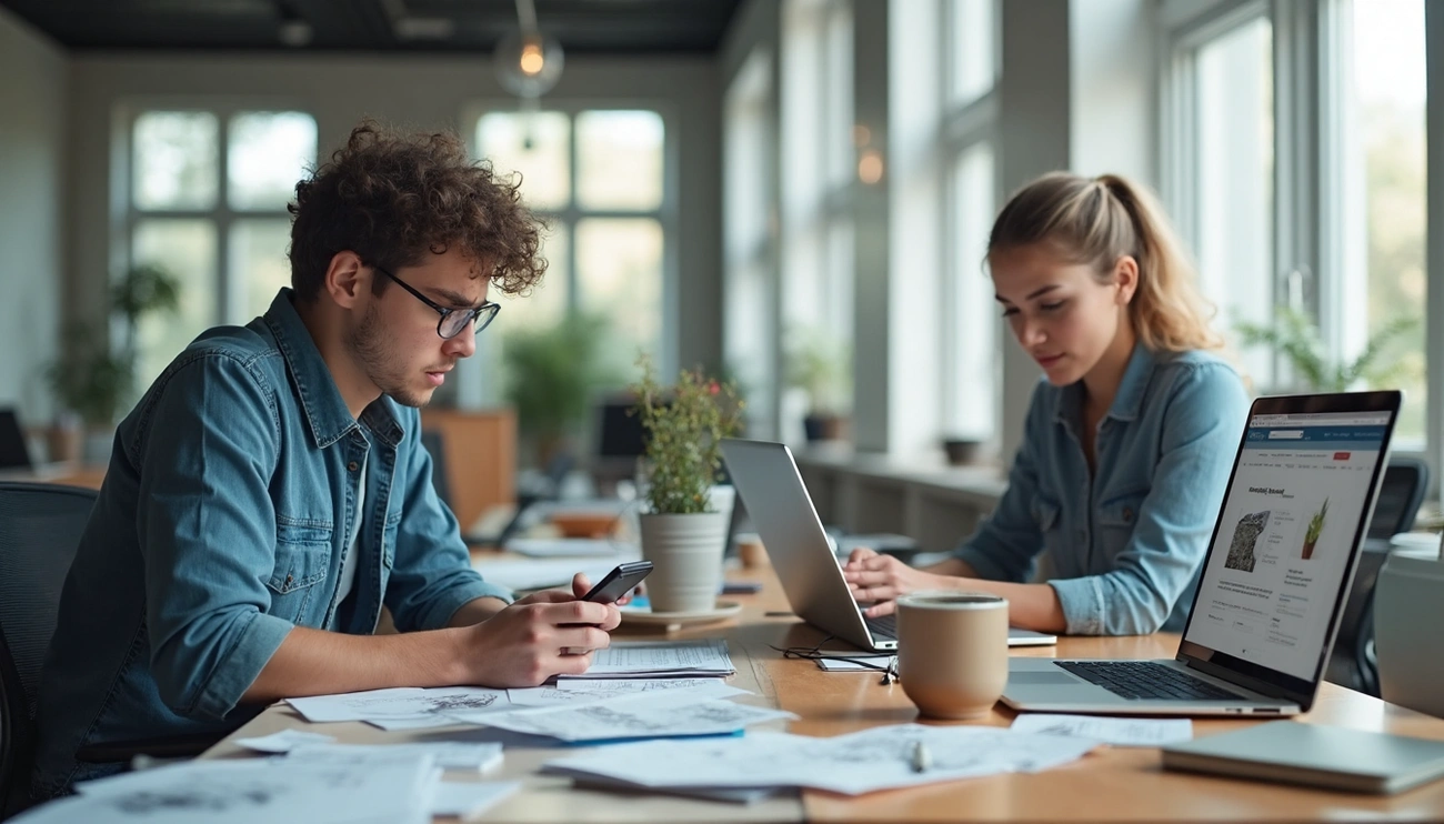 Duas pessoas trabalhando com laptops e papéis espalhados sobre uma mesa em um escritório iluminado com grandes janelas.